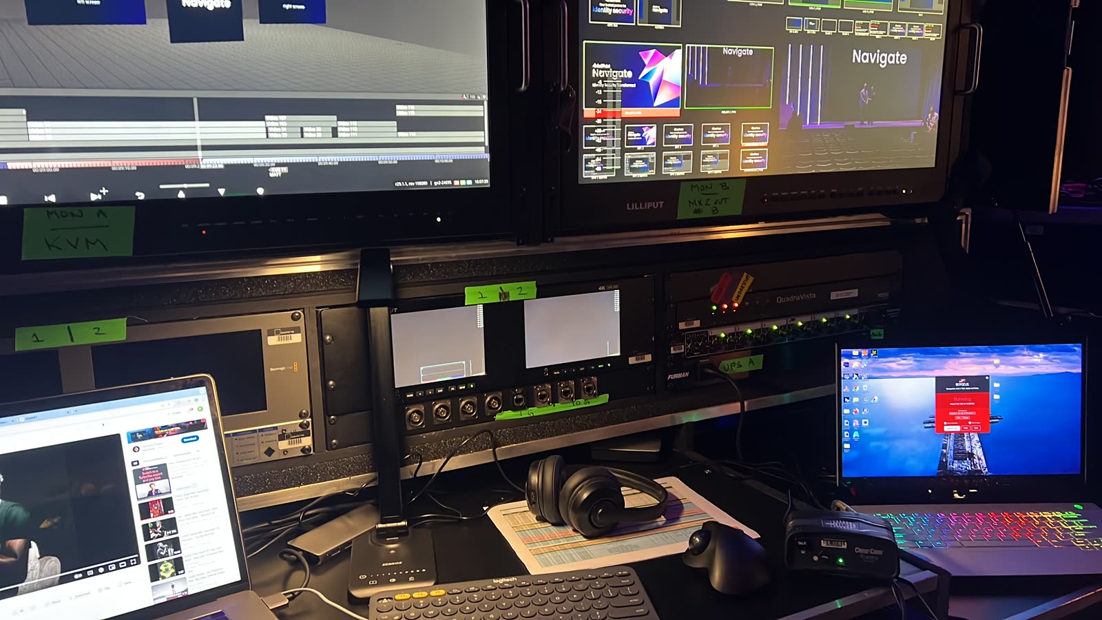 Video control: switcher multiview, playback and show laptops.