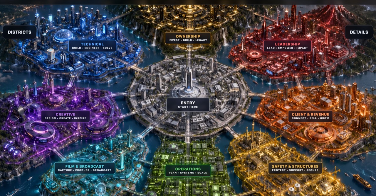 The Opportunity Map: districts for technical, creative, operations, safety, broadcast, leadership, ownership and client work, around a central entry point.